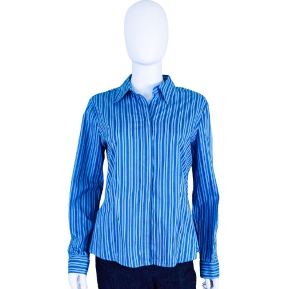 CHADWICKS SHAPED BLUE STRIPED STRETCH BUTTON DOWN SHIRT - SZ 10 NWOT